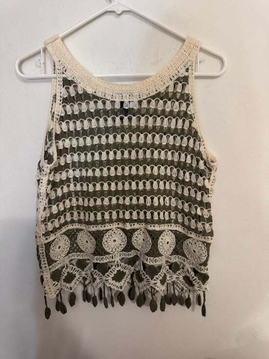 Daytrip Tops - Daytrip Olive Green & Cream Crochet Fringe Tank Top Size S
